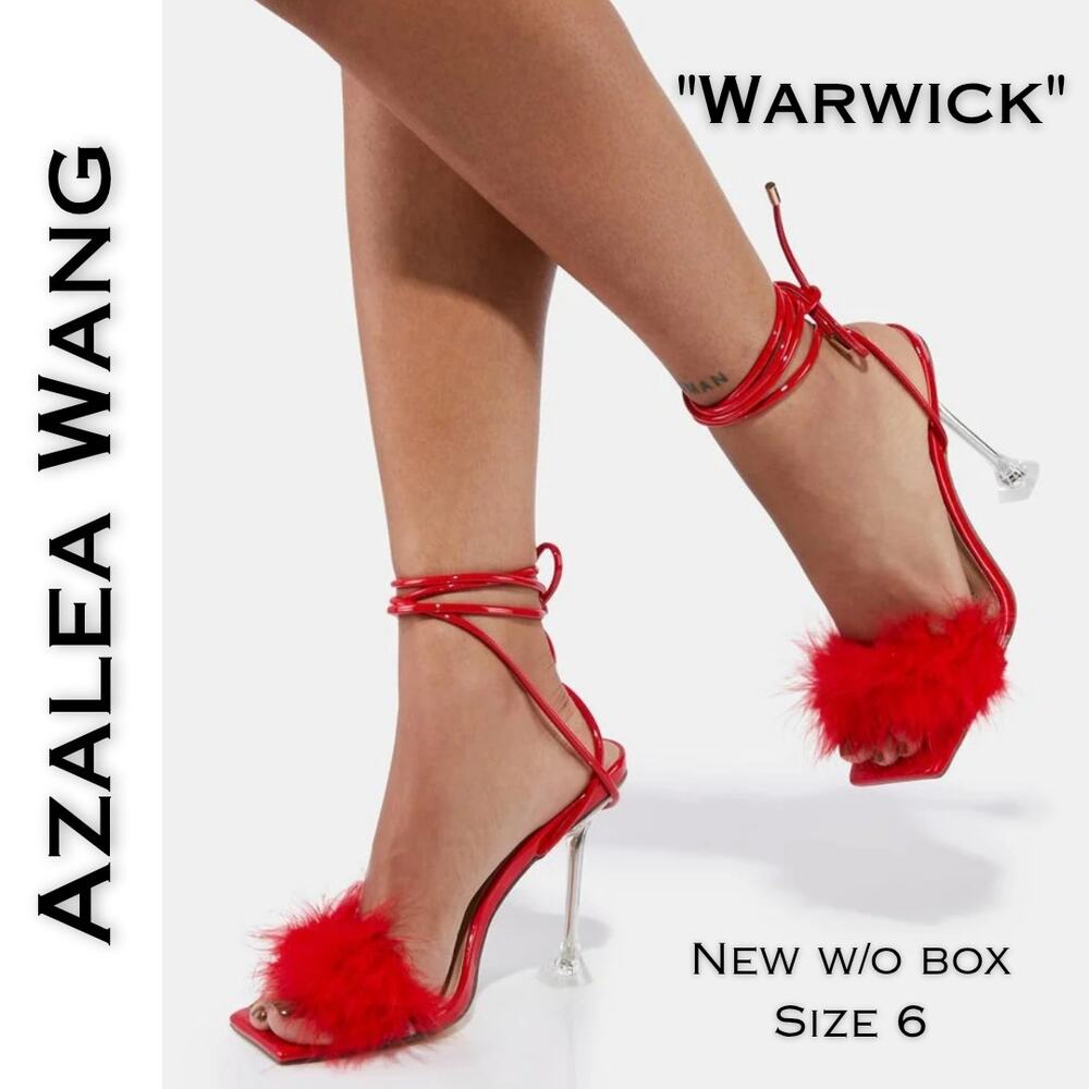 Azalea Wang Warwick Heels Sandals 6 Red Feather Lace Up Clear 4" Stiletto NEW